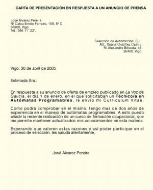 Carta De Presentacion Respuesta A Oferta Modelo Curriculum